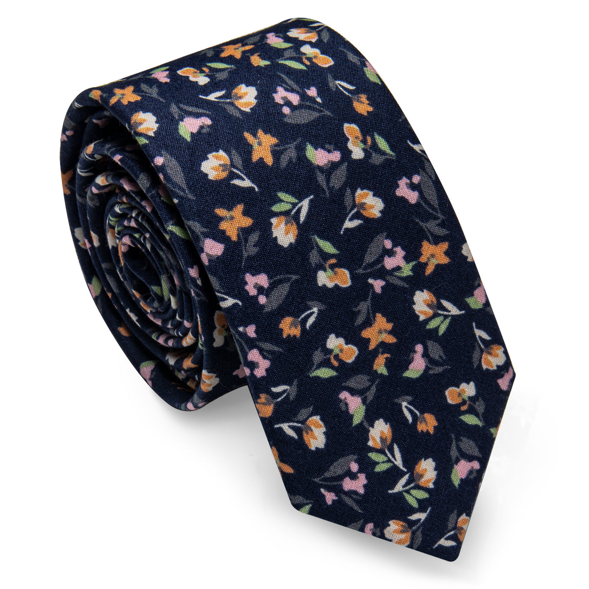 Dark Blue Floral Printed Skinny Tie Set with Tie Clip