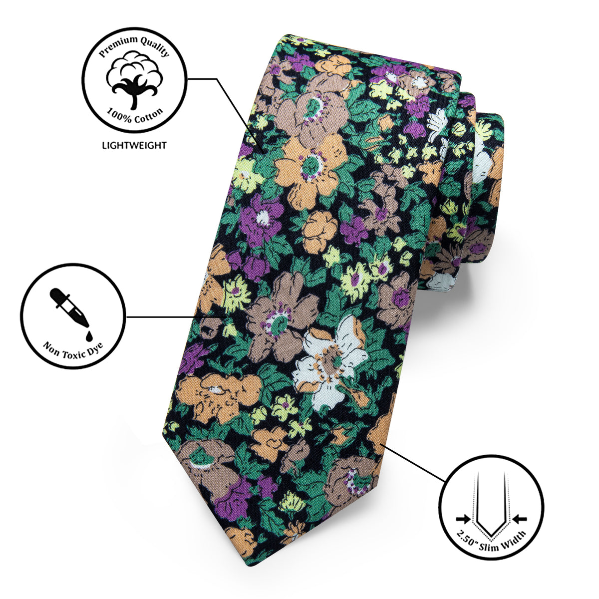 Green Floral Printed Skinny Tie Set With Tie Clip