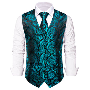 Teal Blue Green Floral Leaf Silk Men's Vest Necktie Handkerchief Cufflinks Set