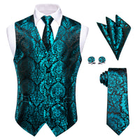 Teal Blue Green Floral Leaf Silk Men's Vest Necktie Handkerchief Cufflinks Set
