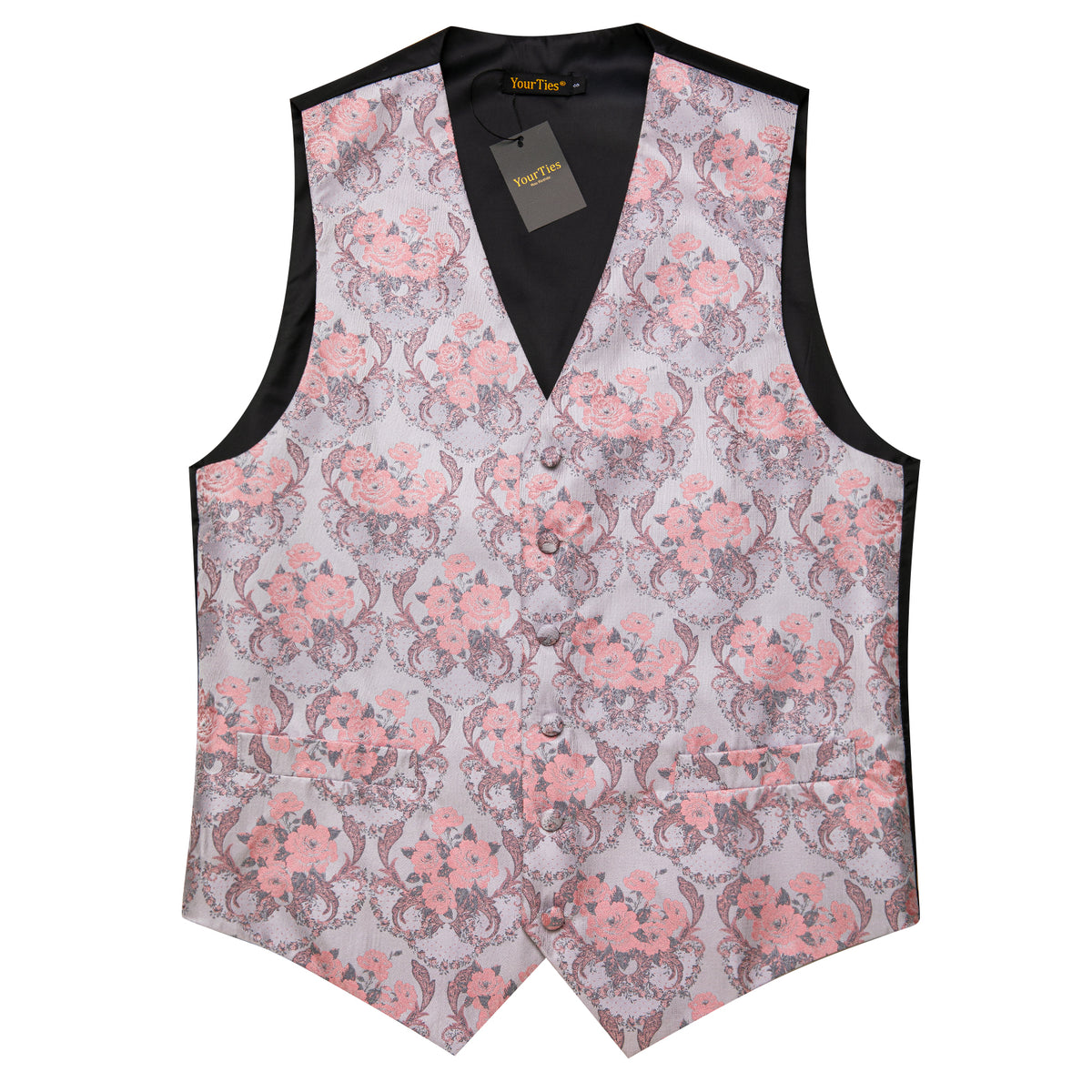Pink Silver Floral Silk Men's Vest Necktie Handkerchief Cufflinks Set