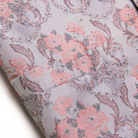 Pink Silver Floral Silk Men's Vest Necktie Handkerchief Cufflinks Set