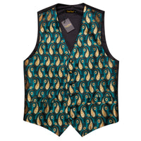 Green Gold Paisley Silk Men's Vest Necktie Handkerchief Cufflinks Set