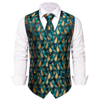 Green Gold Paisley Silk Men's Vest Necktie Handkerchief Cufflinks Set