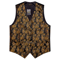 Gold Black Blue Floral Silk Men's Vest Necktie Handkerchief Cufflinks Set