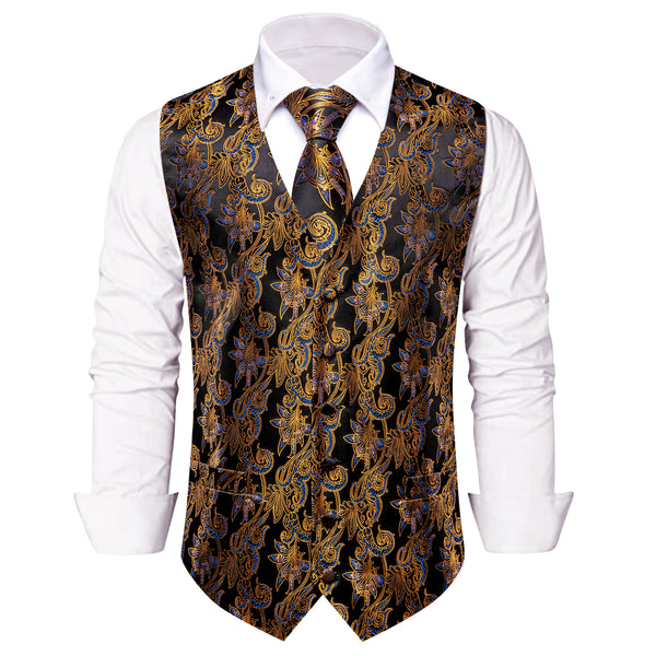 Gold Black Blue Floral Silk Men's Vest Necktie Handkerchief Cufflinks Set