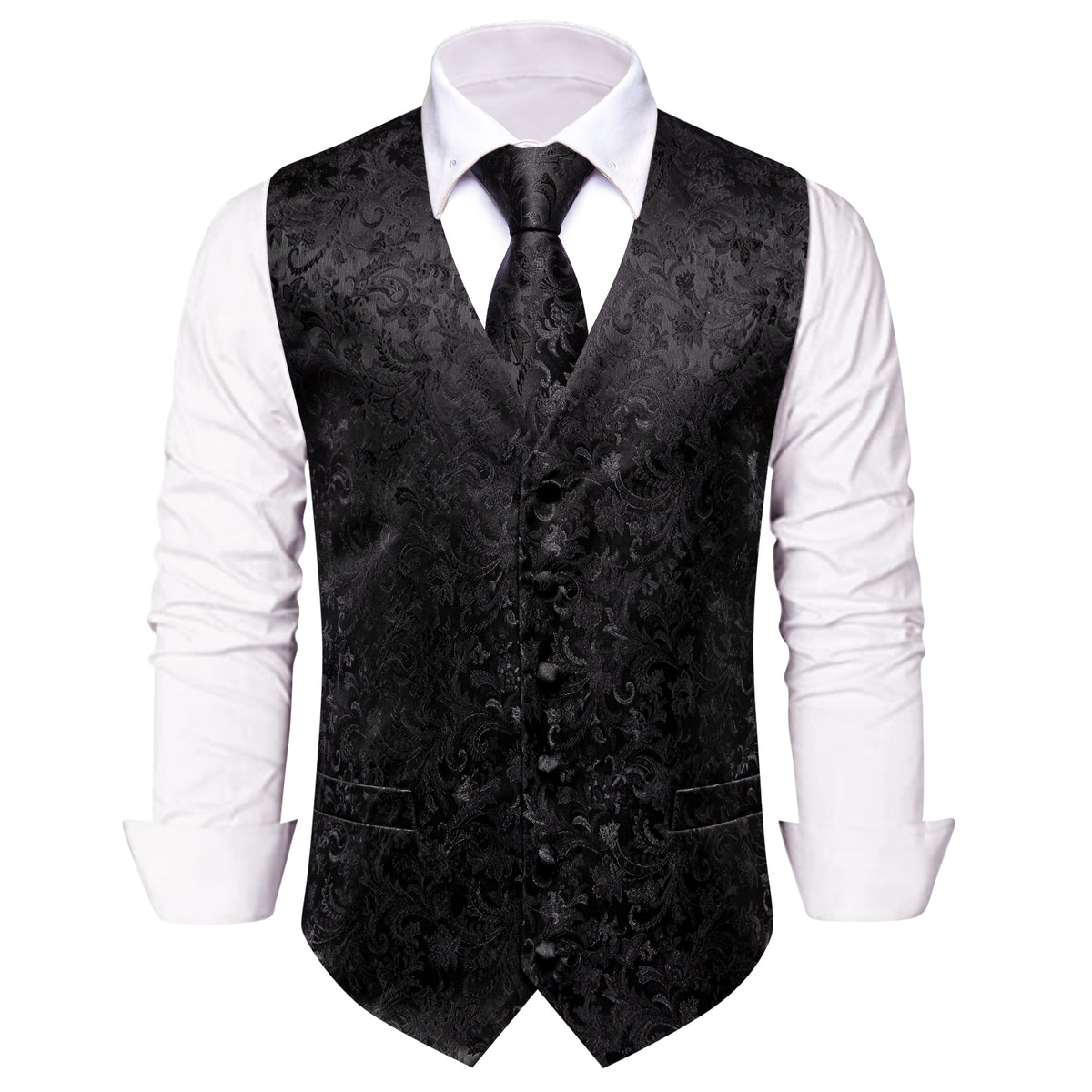 Black Floral Silk Men's Vest Necktie Handkerchief Cufflinks Set