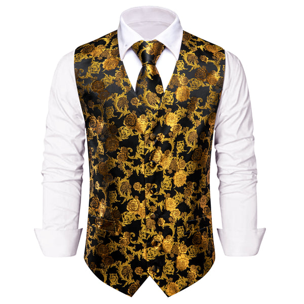 Gold Black Floral Silk Men's Vest Necktie Handkerchief Cufflinks Set