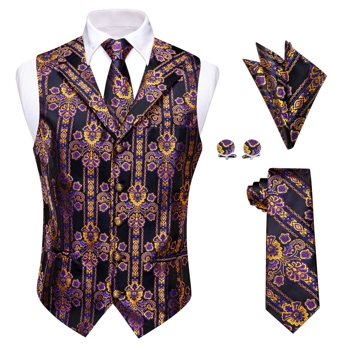 Purple Gold Black Floral Silk Men's Vest Necktie Handkerchief Cufflinks Set