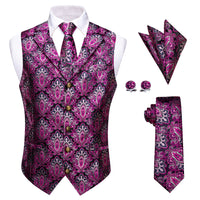 Purple White Paisley Silk Men's Vest Necktie Handkerchief Cufflinks Set
