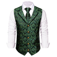 Green Black Floral Leaf Silk Men's Vest Necktie Handkerchief Cufflinks Set