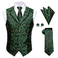 Green Black Floral Leaf Silk Men's Vest Necktie Handkerchief Cufflinks Set