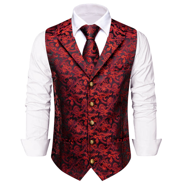 Black Red Floral Silk Men's Vest Necktie Handkerchief Cufflinks Set