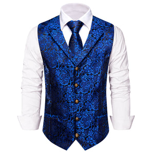 Klein Blue Black Floral Silk Men's Vest Necktie Handkerchief Cufflinks Set