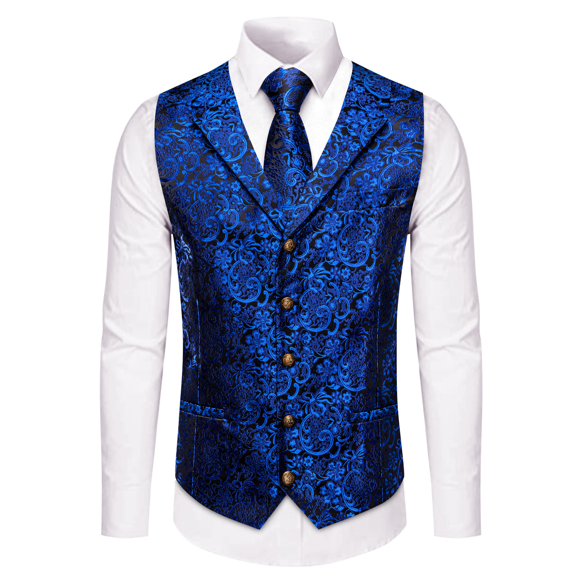 Blue Floral Silk Men's Vest Necktie Handkerchief Cufflinks Set