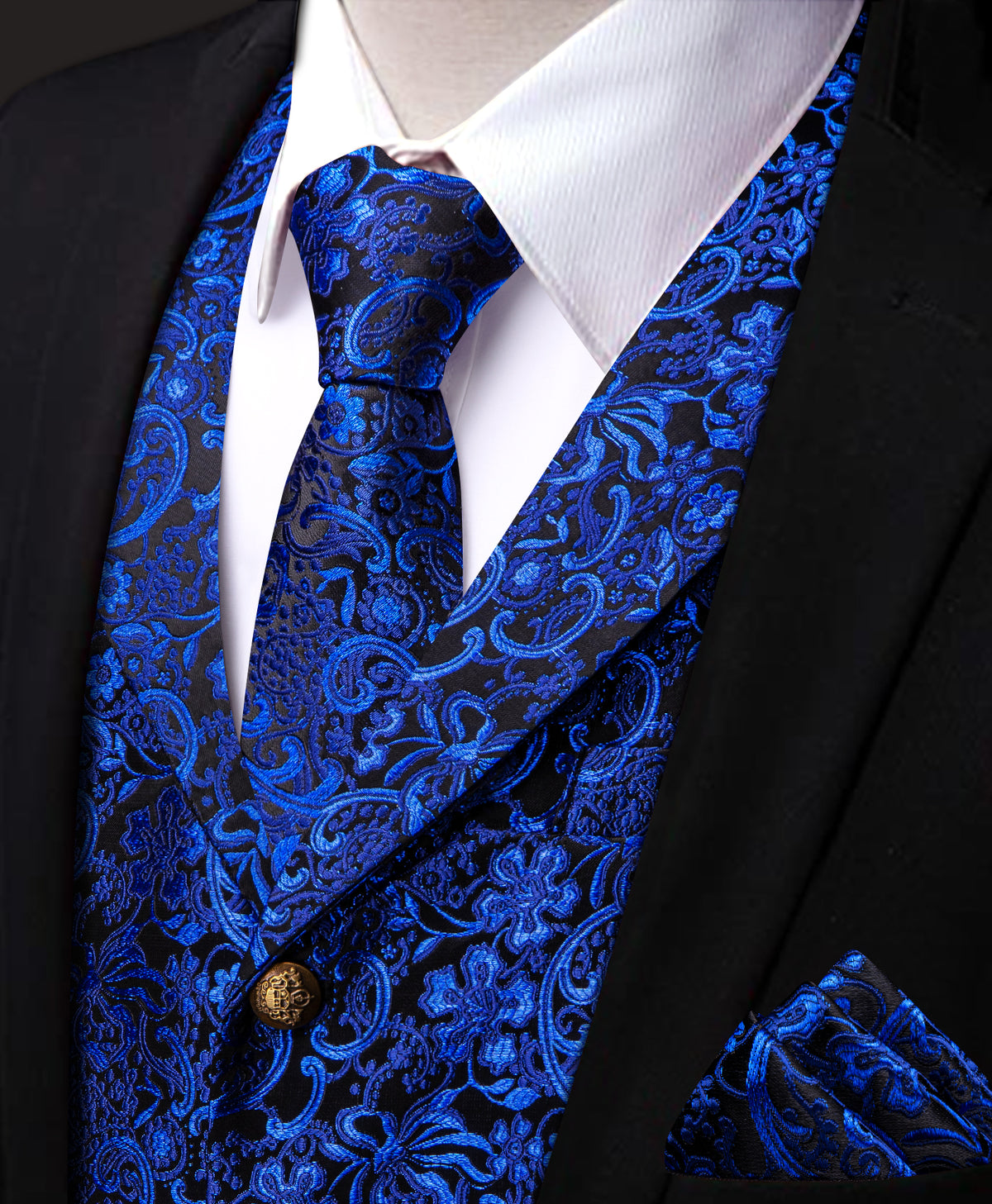 Blue Floral Silk Men's Vest Necktie Handkerchief Cufflinks Set
