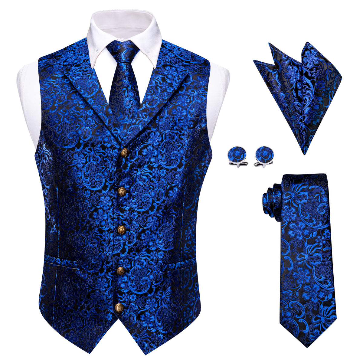 Blue Floral Silk Men's Vest Necktie Handkerchief Cufflinks Set – YourTies