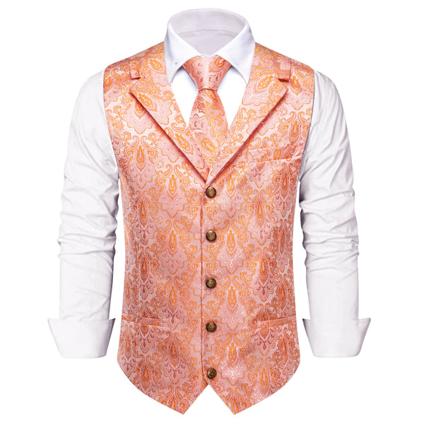 Pink Orange Pasiley Silk Men's Vest Necktie Handkerchief Cufflinks Set