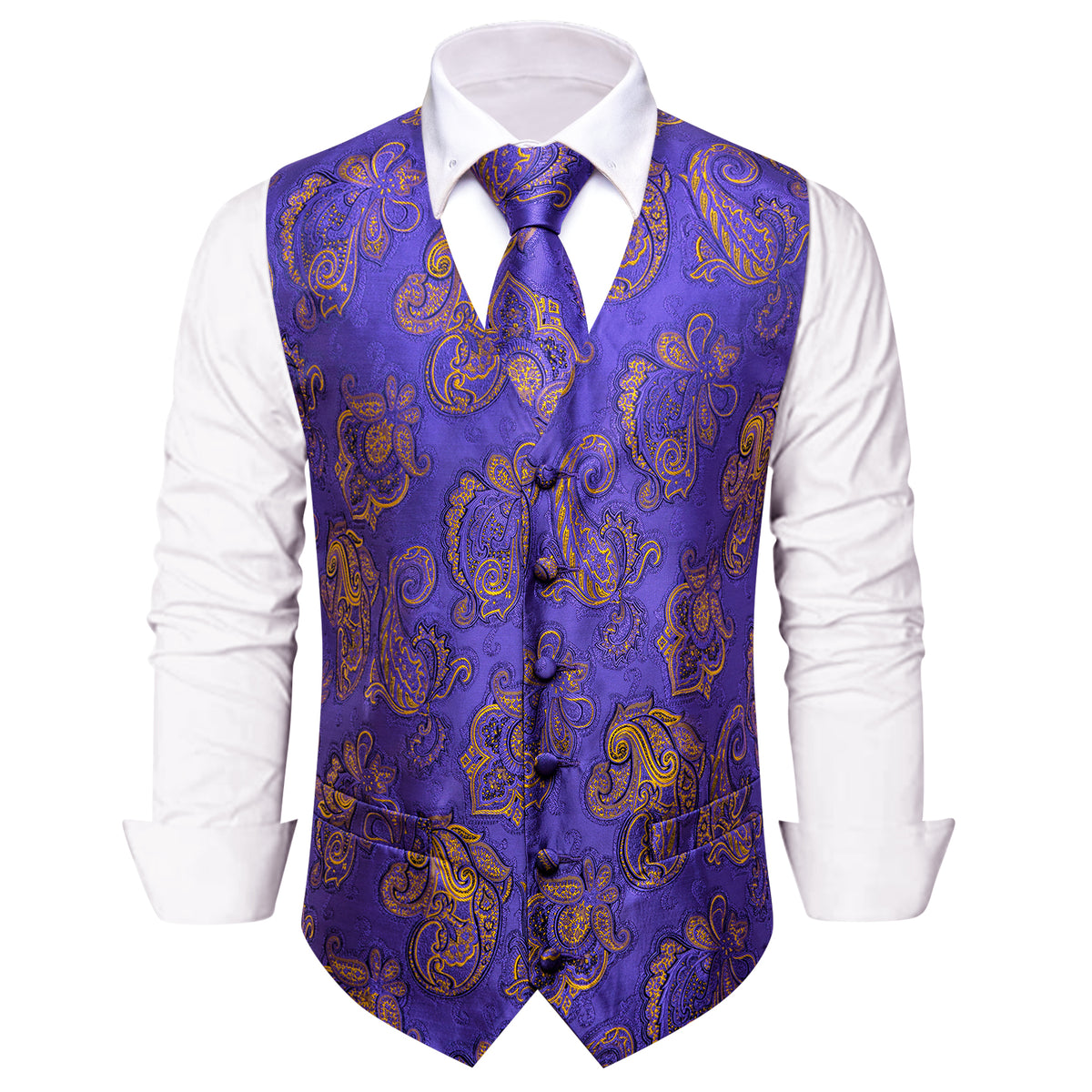 Purple Gold Paisley Silk Men's Vest Necktie Handkerchief Cufflinks Set
