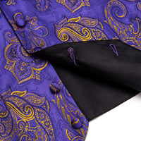 Purple Gold Paisley Silk Men's Vest Necktie Handkerchief Cufflinks Set
