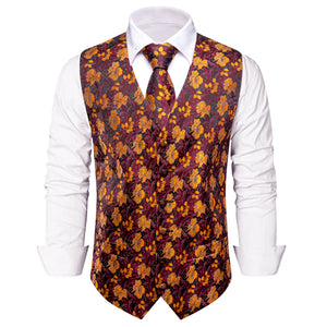 Red Golden Floral Silk Men's Vest Necktie Handkerchief Cufflinks Set