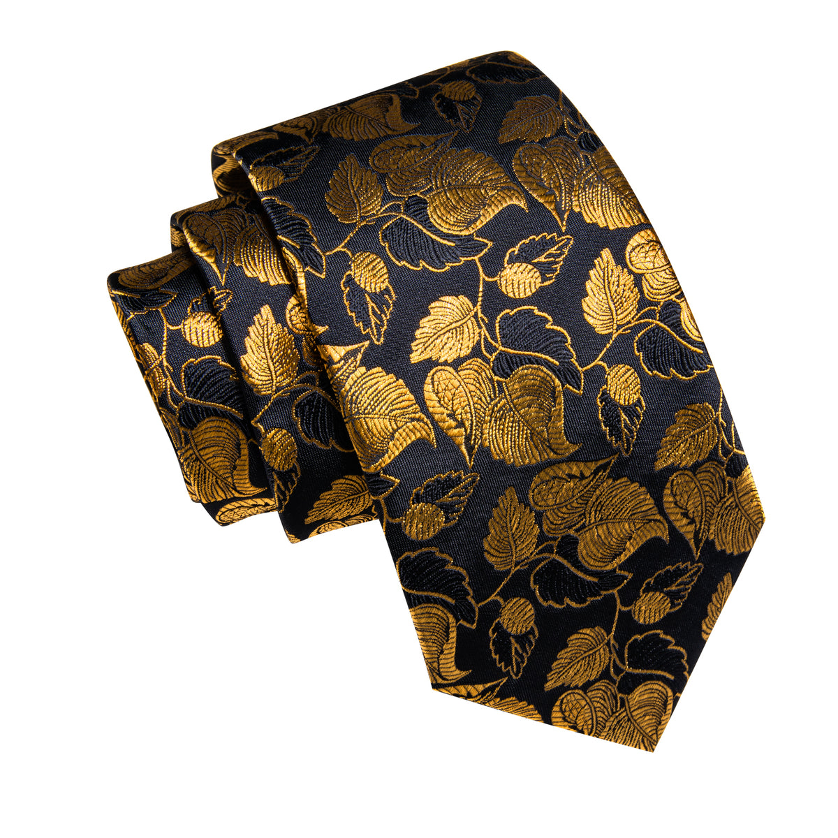 Black Gold Floral Leaf Men's Necktie Pocket Square Cufflinks Set