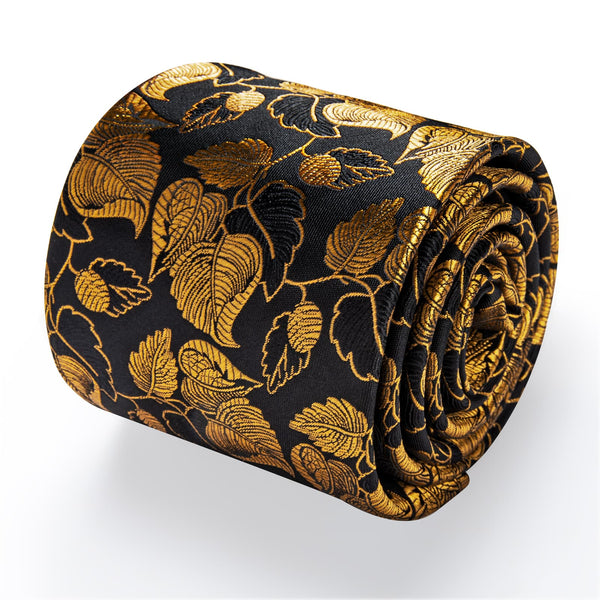  Black Tie Gold Leaves Jacquard Floral Necktie Clip Set