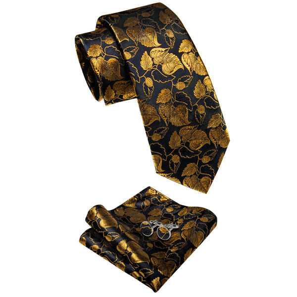 YourTies Black Gold Floral Men's Necktie Pocket Square Cufflinks Set