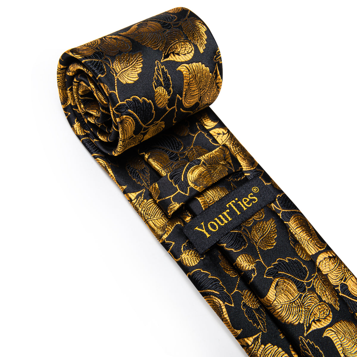 Black Gold Floral Leaf Men's Necktie Pocket Square Cufflinks Set