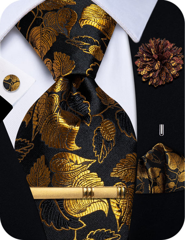  Black Tie Gold Leaves Jacquard Floral Necktie Clip Set