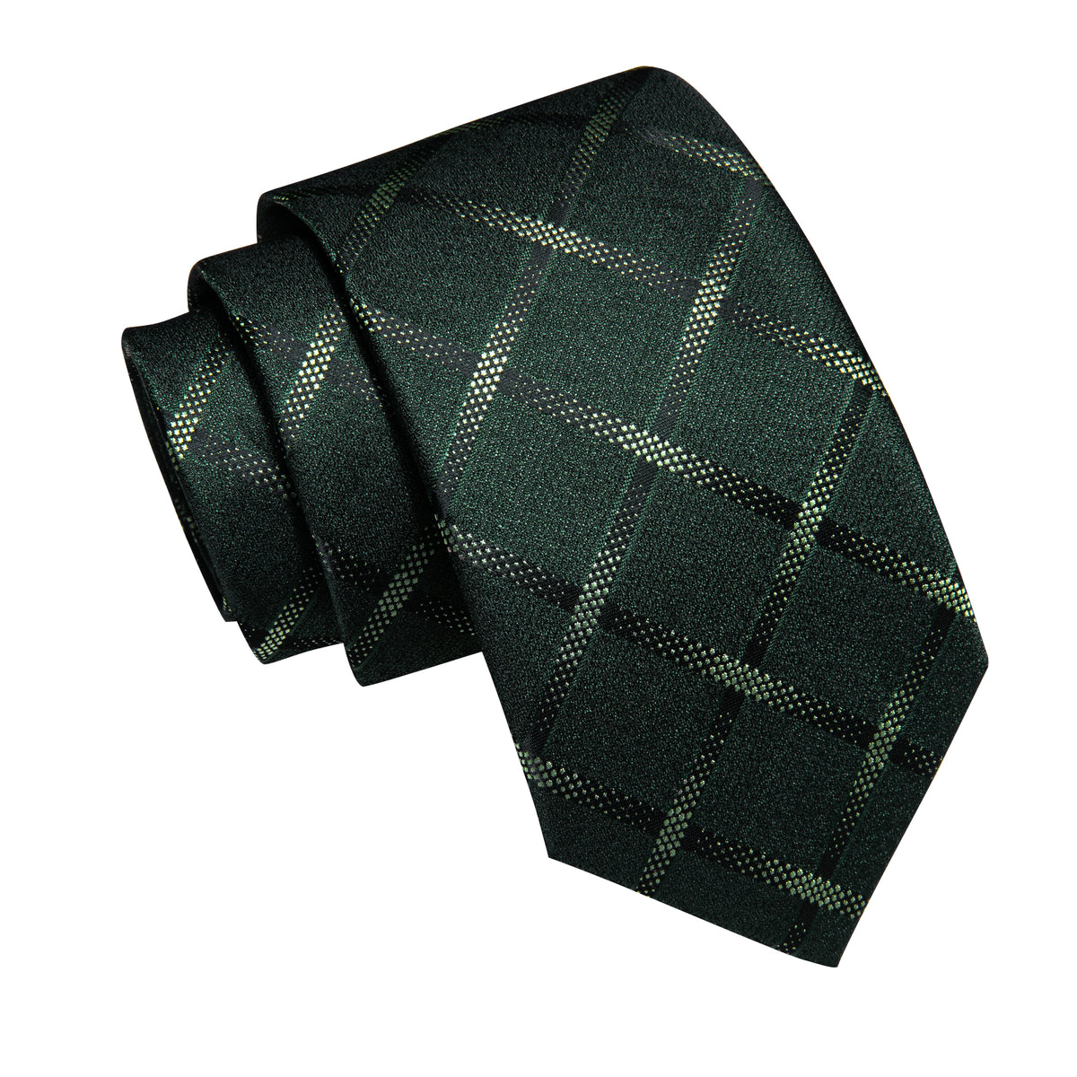 Dark Green Plaid Men's Necktie Pocket Square Cufflinks Set