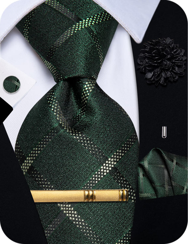 YourTies Green Tie Grey Jacquard Plaid Necktie Set for Men