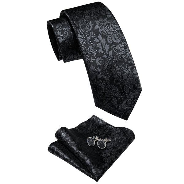 Black Floral Men's Necktie Pocket Square Cufflinks Set
