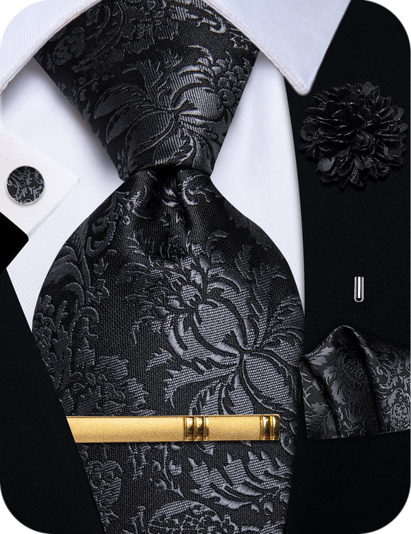  Black Tie Dark Grey Jacquard Floral Necktie Set for Men's Suit