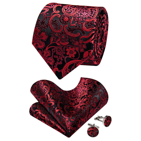 Red Tie Black FireBrick Jacquard Floral Necktie Set for Men