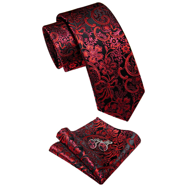 Red Black Floral Men's Necktie Pocket Square Cufflinks Set