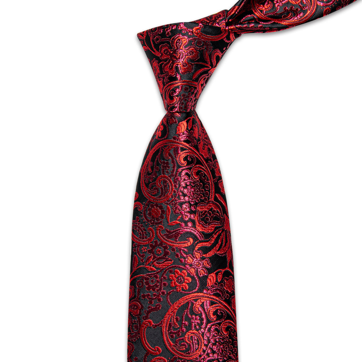 YourTies Red Black Floral Men's Necktie Pocket Square Cufflinks Set
