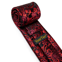 YourTies Red Black Floral Men's Necktie Pocket Square Cufflinks Set