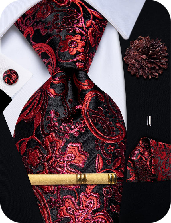 Red Tie Black FireBrick Jacquard Floral Necktie Set for Men