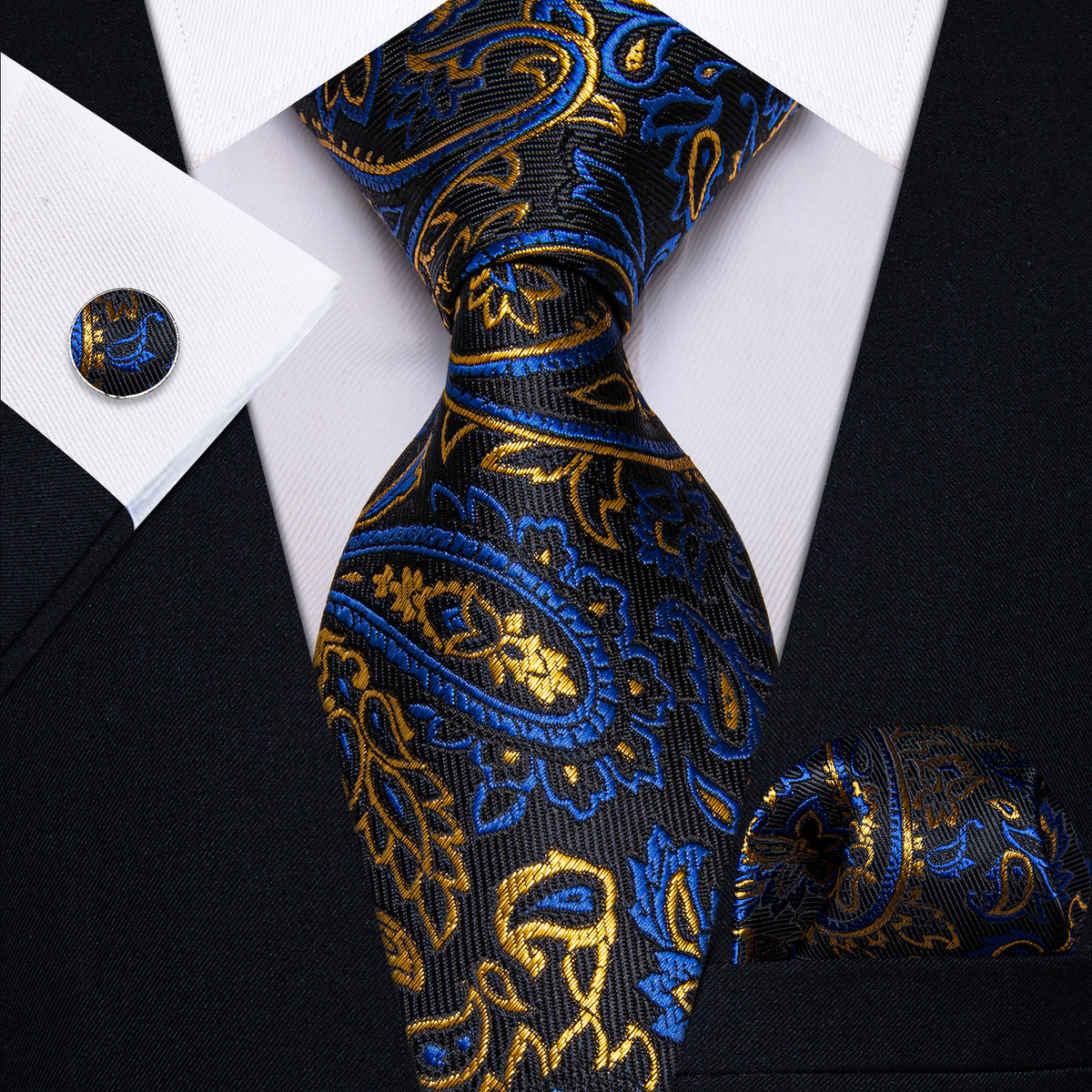 Blue Golden Black Paisley Men's Necktie Pocket Square Cufflinks Set