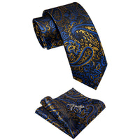 Blue Golden Black Paisley Men's Necktie Pocket Square Cufflinks Set