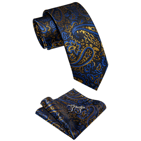 YourTies Blue Golden Black Paisley Men's Tie Hanky Cufflinks Set