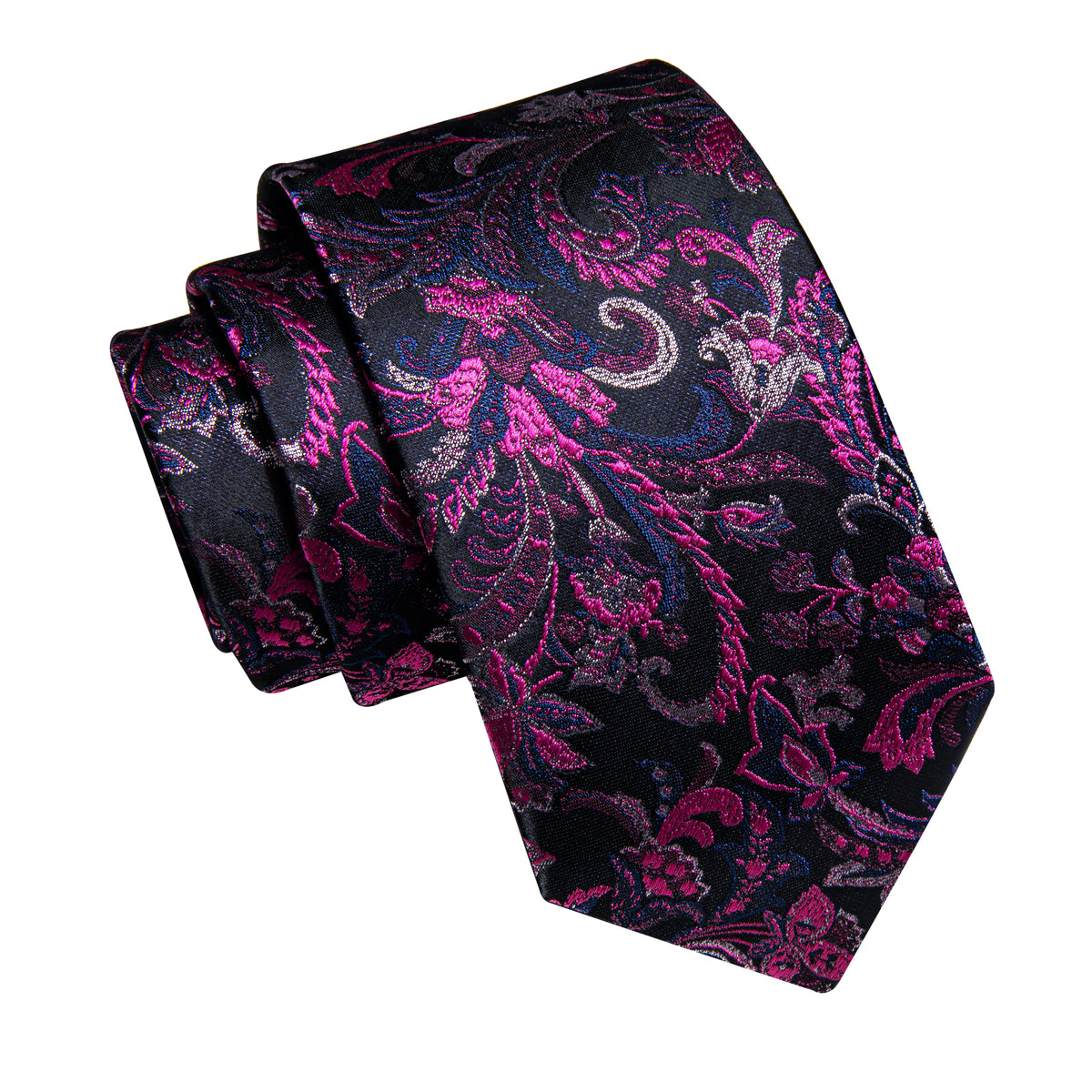 Purple Black Blue Floral Men's Necktie Pocket Square Cufflinks Set