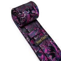 Purple Black Blue Floral Men's Necktie Pocket Square Cufflinks Set