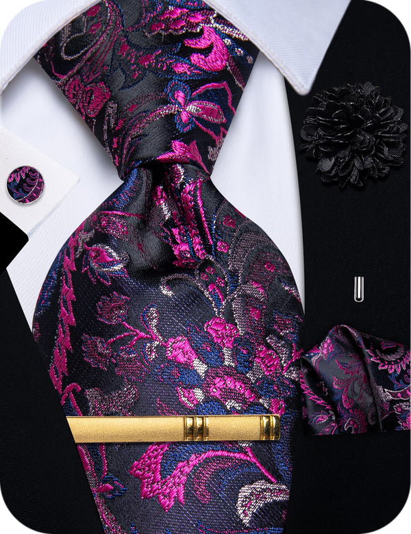  Mens Tie Hot Pink Blue Jacquard Floral Necktie Set for Men