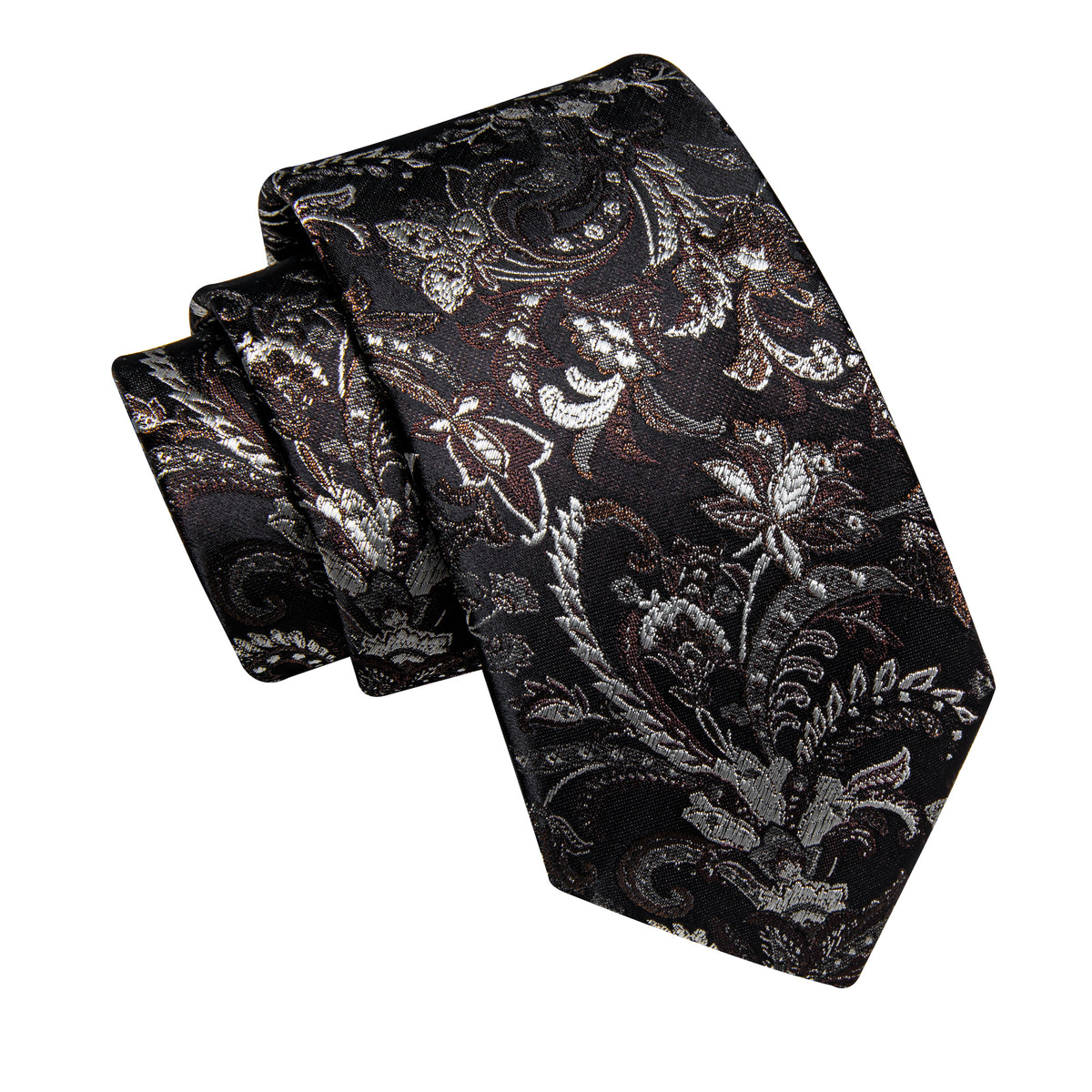 White Black Brown Floral Men's Necktie Pocket Square Cufflinks Set
