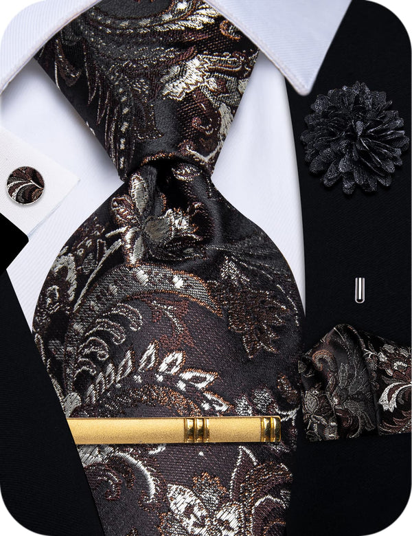 Brown Tie for Men Ivory Jacquard Floral Wedding Necktie Set