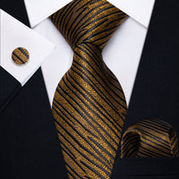 Gold Black Striped Men's Necktie Pocket Square Cufflinks Set
