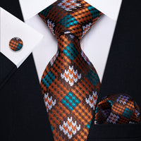 Orange White Blue Plaid Men's Necktie Pocket Square Cufflinks Set