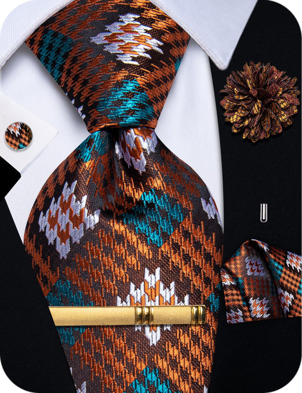  Orange Plaid Tie Teal White Checkered Jacquard Necktie Set